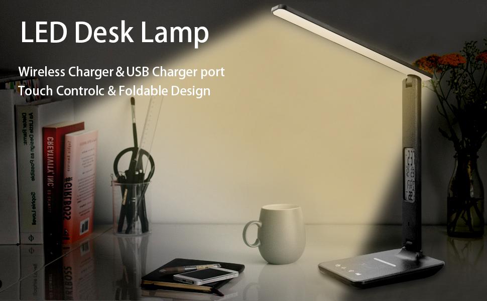 Desk lamp,LED Lamp with Wireless Charger,USB Charger Port,Touch Control,3 Color Modes,5 Brightness Levels,Eye-Protecting Table Lamp,Led Lights for Bedroom,Home,Office,Black