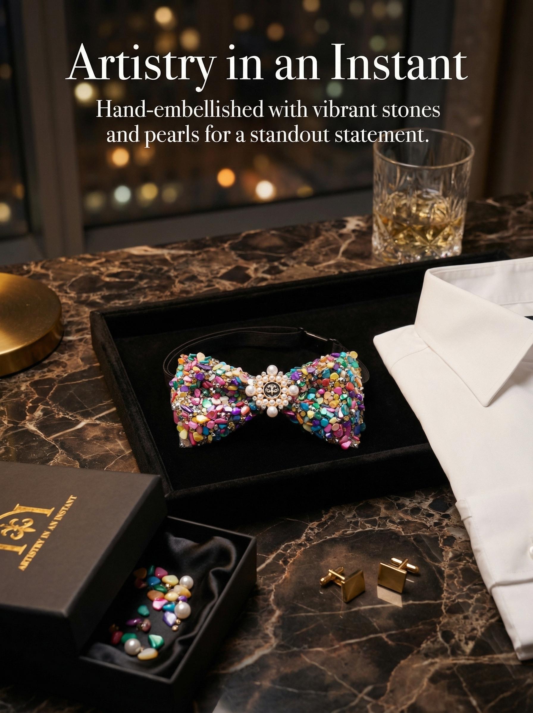 1pcs Color Stone Full Inlay Bow Tie, Luxury Pearl Decorative Neckwear, Party Performance Suit Collar Flower