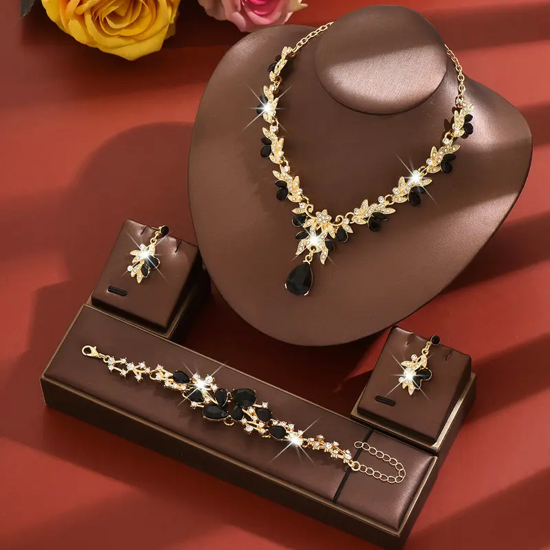 Eco-Friendly Fashion Jewelry Set - Shimmering, Stylish Flowers Crystal Water Drop Bridal Necklace, Earrings & Bracelet, Flowers Jewelry Sets, Shimmering Jewelry Sets