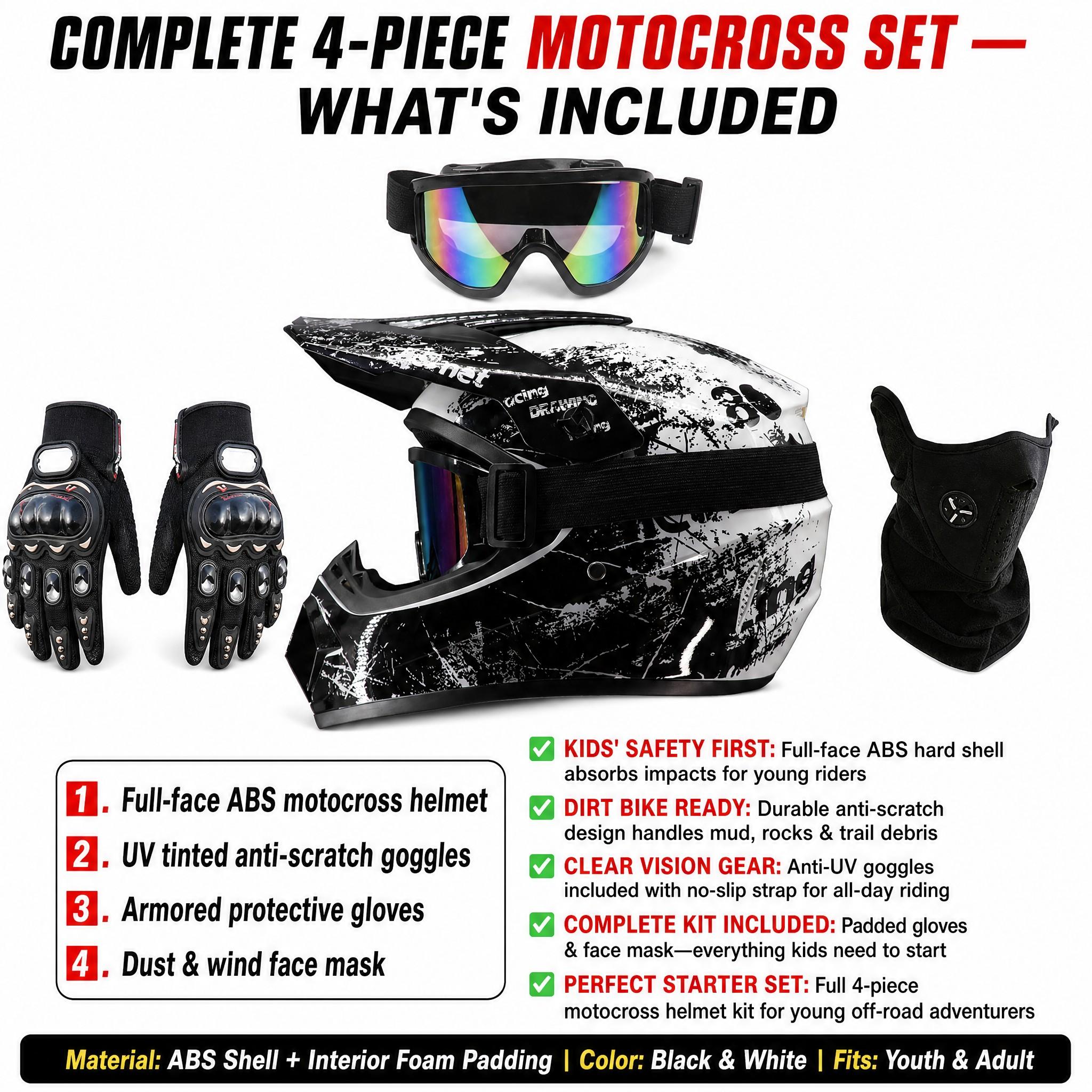 Full Face Motocross Helmet for Kids 6+ Youth Teens and Adults, Adjustable ABS Protective Gear for Outdoor Racing, 4-Piece Set with Goggles, Gloves & Mask, Motocross Protective Gear, Riding Safety Helmet, Off Road Helmets Full Face Motocross Helmet for Kids 6+ Youth Teens and Adults, Adjustable ABS Protective Gear for Outdoor Racing, 4-Piece Set with Goggles, Gloves & Mask, Motocross Protective Gear, Riding Safety Helmet, Off Road Helmets