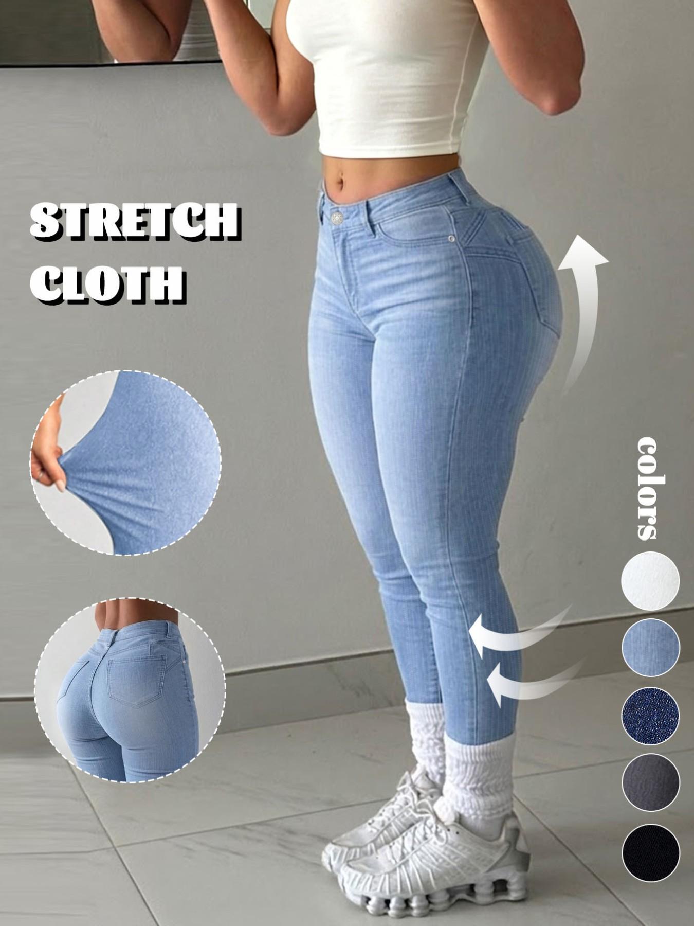 GILIPUR Women's Light Blue Vertical Pinstripe High Waist Skinny Jeans, High Stretch Butt Lifting Slim Fit Cropped Denim Pants with Classic Pockets, Y2K Casual Streetwear Daily Gym Night Out Outfits for Women TChic