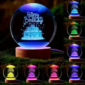 1pc 3D Birthday Crystal Ball Night Light, USB Powered Glass Lamp with Polished Finish, Color-Changing LED, Freestanding Bamboo Shade, Ideal for Bedroom, Office & Various Rooms, Perfect Gift for Daughters, Wives, Friends - 2.36"