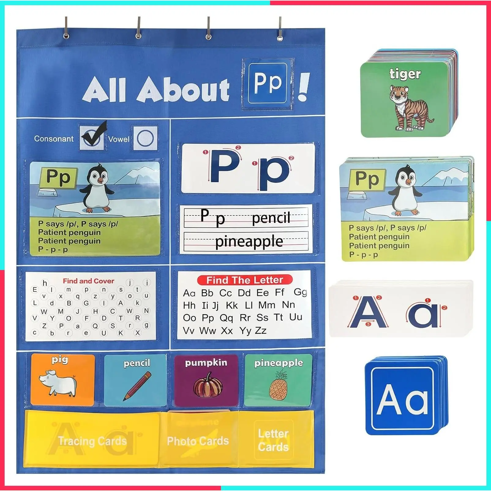 Extra Large 41 x 28 Inch Wall-Mounted Alphabet Learning Pocket Chart with 186 Word Cards & Hooks, Letter Tracing & Sound Recognition Activity Chart
