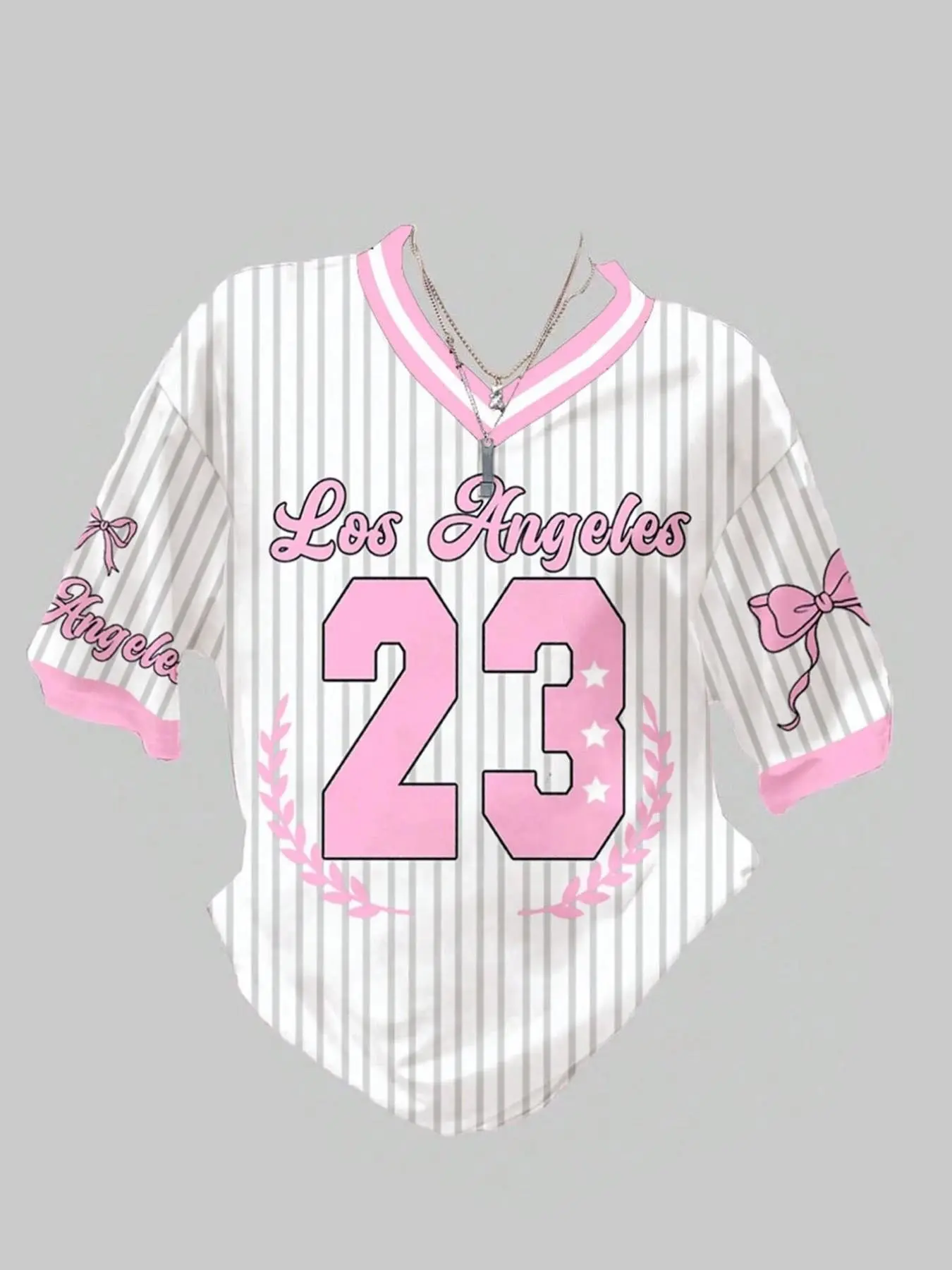 American Stripe Los Angeles 23 Number Bow Sports Baseball Jersey, Sweet Cool Contrast V Neck Loose Fit Short Sleeve Top, Multicolor
