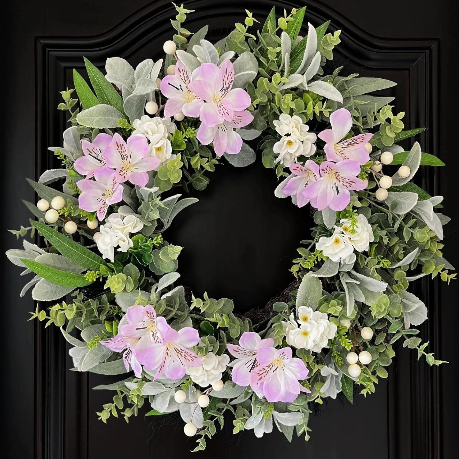 Front Door Wreath, Eucalyptus Leaf Wreath with Flowers and Berries, All-Season Greenery, Farmhouse Home Decor, Indoor Outdoor