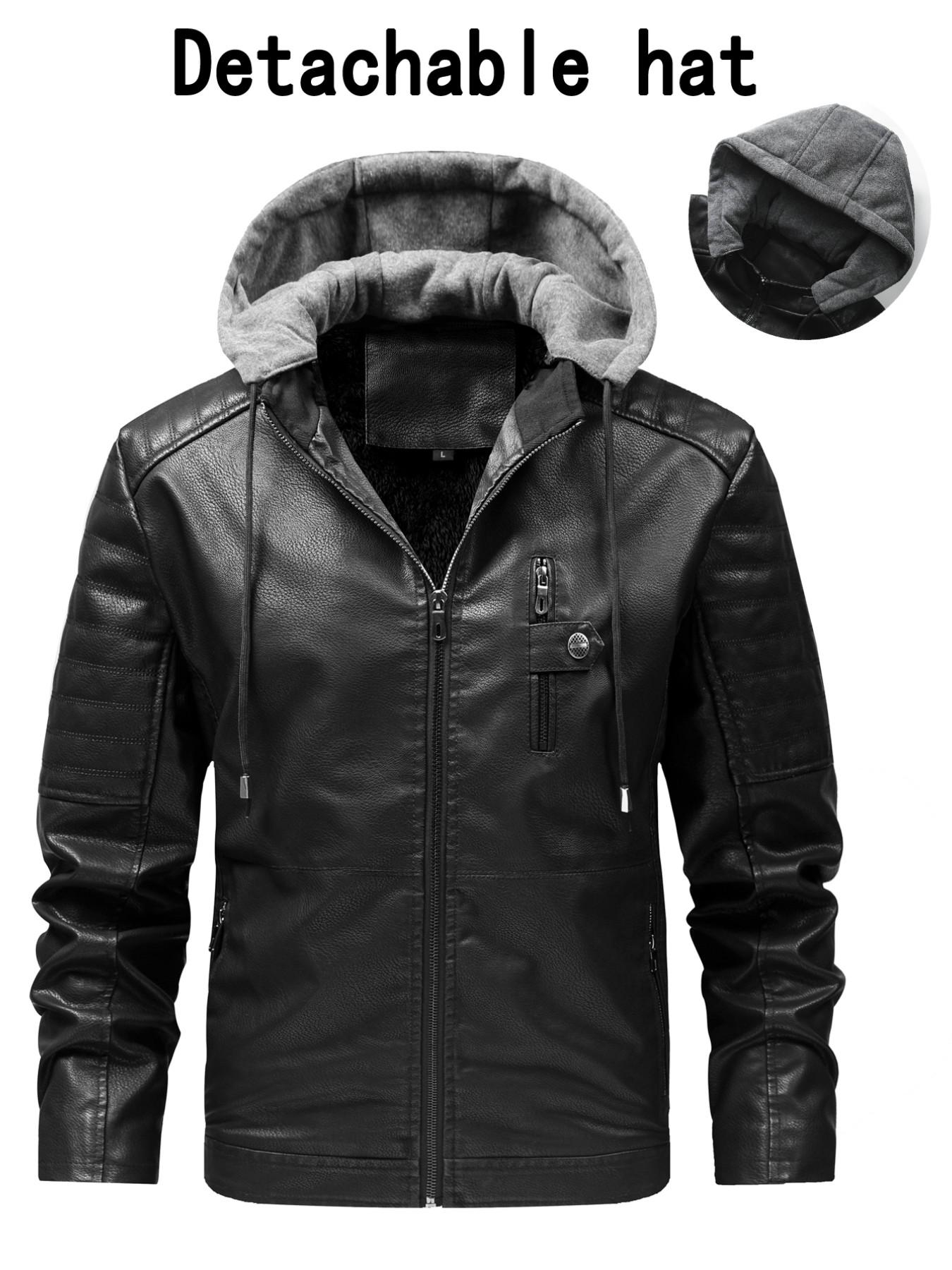 2026 Fall Winter New Plain Color Detachable Hat Leather Jacket Men's Youth Motorcycle Coat, Fleece Lined Hooded Leather Jacket for Men