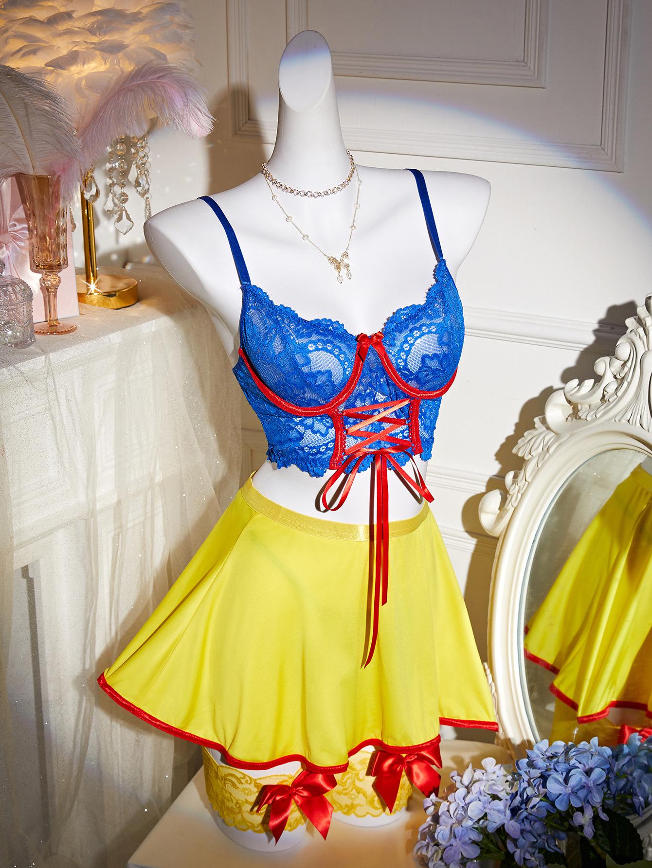 【EasDoing】3 Pieces Set Blue and Yellow Color Block Snow White Style Lace Corset Top Skirt Set, Sexy Cosplay Uniform, Pure Desire Hot Girl Lingerie, Date Outfit, Photogenic, Slim Fit, Summer Thin, Comfortable