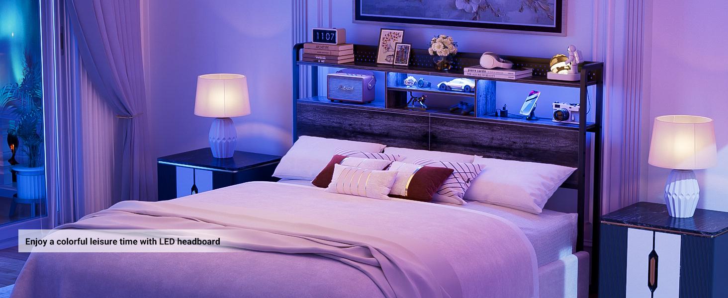 Homieasy Headboard for King Size Bed with Storage Shelf, Head board with 3 Outlets and 2 USB Ports, Headboards with RGB LED Light, Height Adjustable, Sturdy and Stable, Easy Assembly, Black Oak Homieasy Headboard for King Size Bed with Storage Shelf, Head board with 3 Outlets and 2 USB Ports, Headboards with RGB LED Light, Height Adjustable, Sturdy and Stable, Easy Assembly, Black Oak