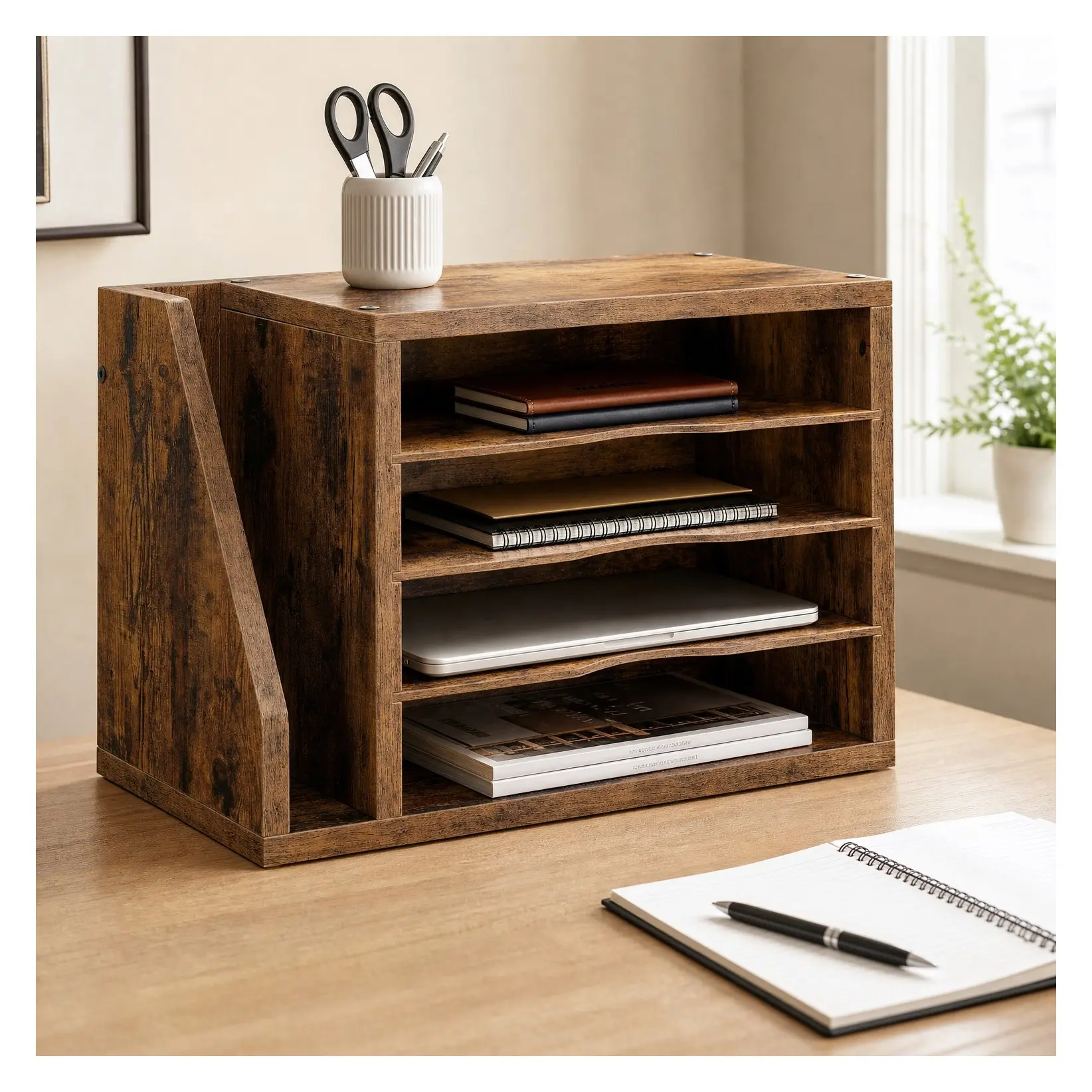 Wooden Mail Organizer with 3 Adjustable Shelves, Rustic Brown Desktop Mail Sorter for Home Office, File Organizer, Letter Sorter for Envelopes, Bills, MagazinesGift