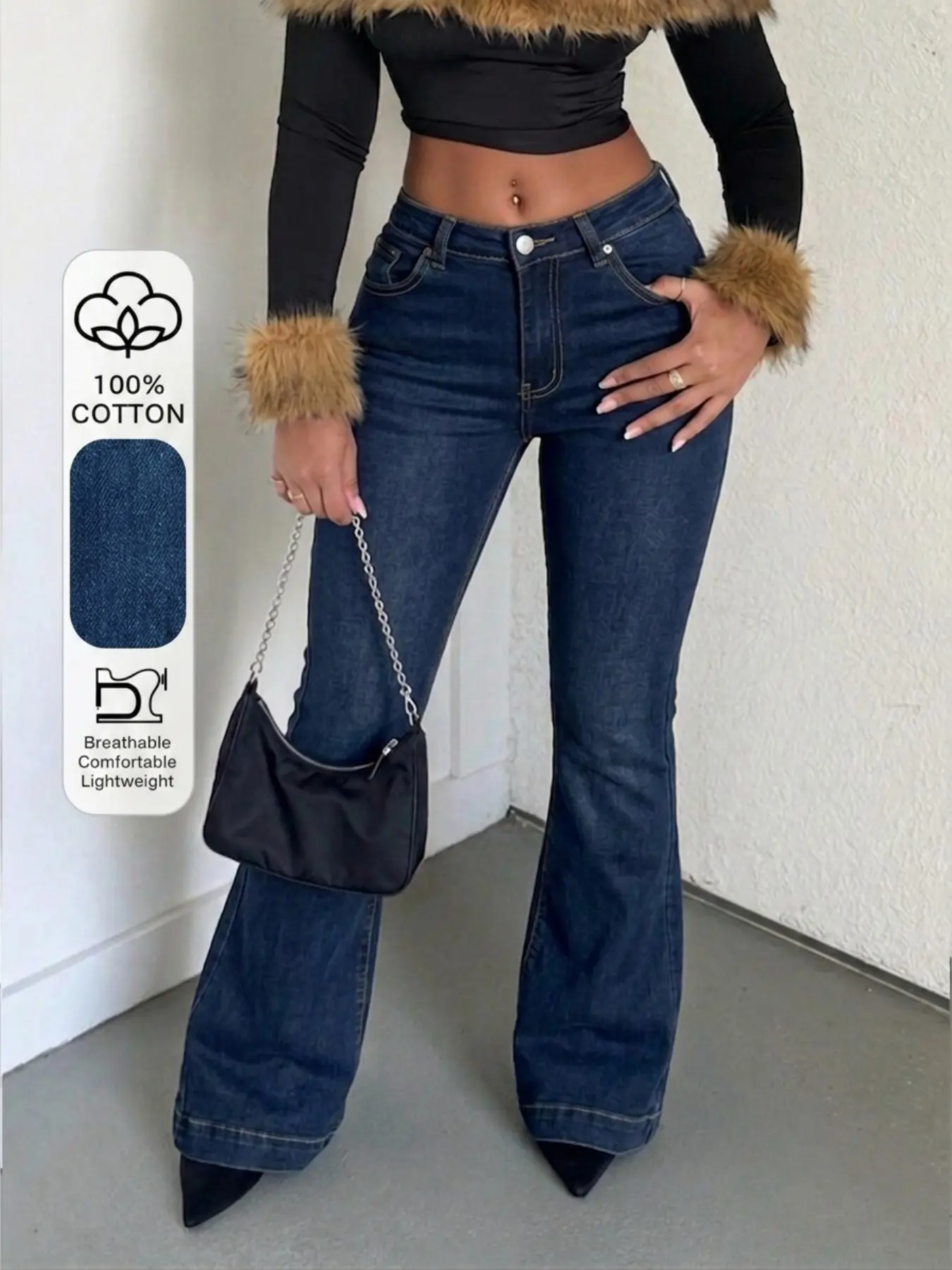 Women's High-Waisted Stretchy Denim Micro Flare Jeans, Slim-Fitting Bootcut Pants, Retro Style, All-Season Wear, Casual & Commuter Friendly