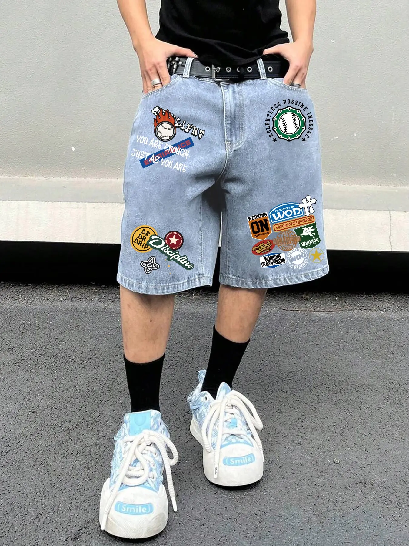 Men's Y2K Vintage Graphic Print Denim Shorts, Denim Jeans Shorts