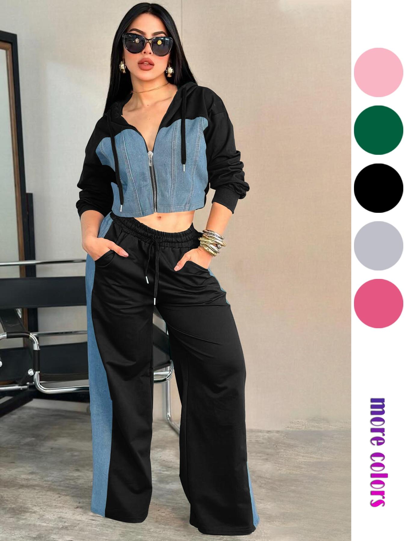 Personalized Patchwork Hoodie Set, Long Sleeve Short Top Set, Casual Party, Travel Pants Set, Fashionable Streetwear