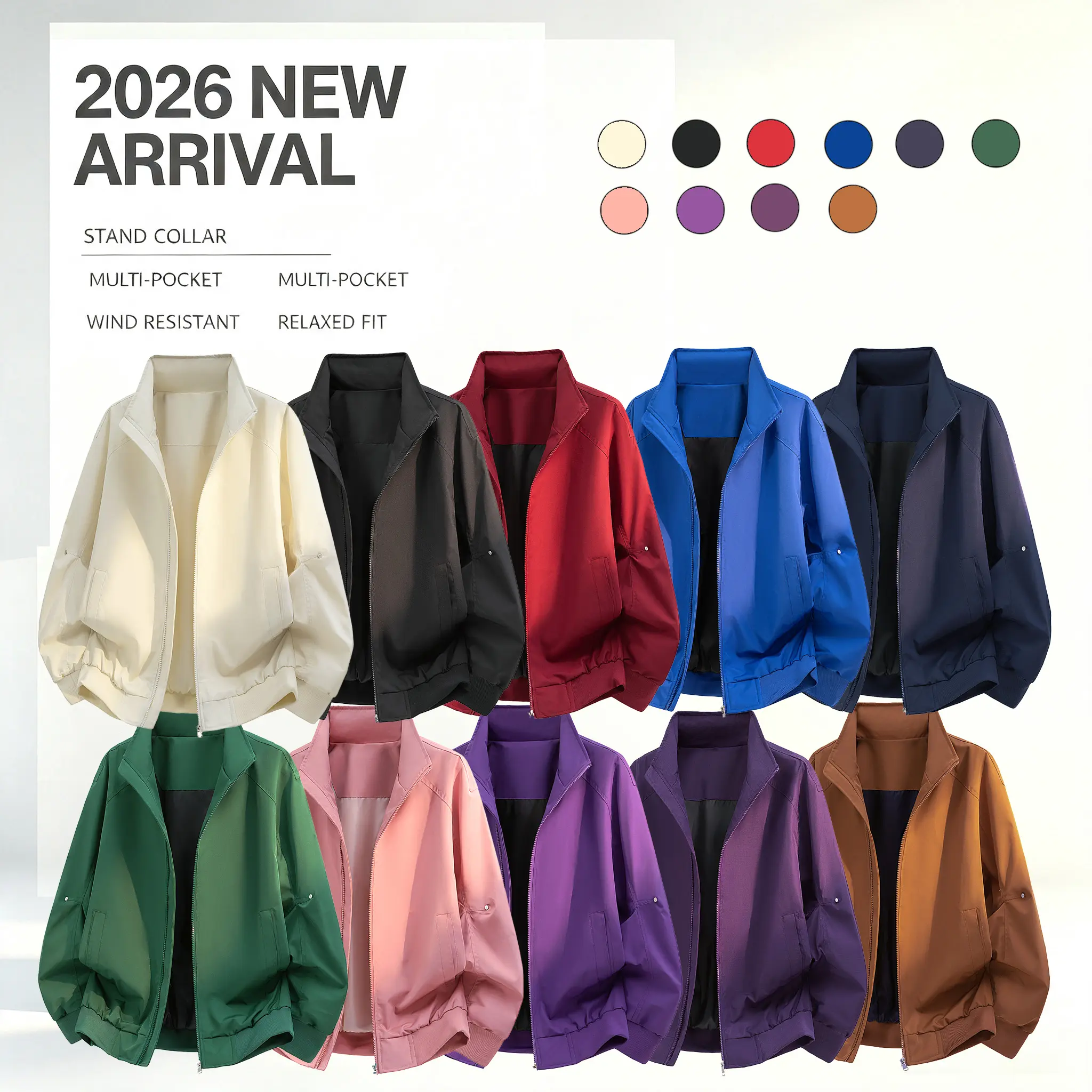 2026 New‑Arrival Men’s Stand‑Collar Casual Jacket, trendy street‑wear cargo jacket built with multiple practical pockets, also works great as outdoor cycling shell and windbreaker coat. Featuring a sleek stand‑up collar design to block chilly wind and pro