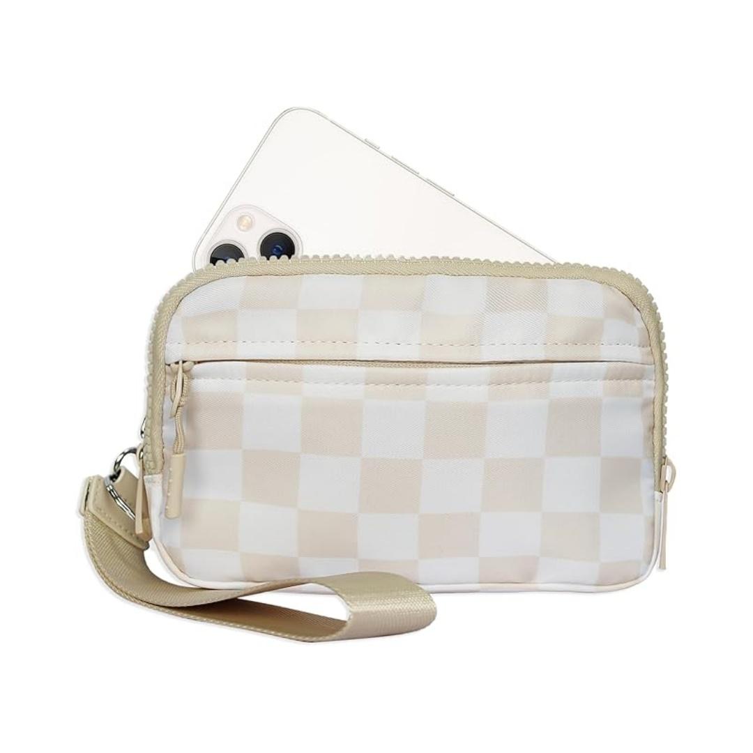 Checkered Wristlet Wallets for Women Nylon Quilted with 4 Zippers Travel Credit Card Holder Cell Phone Organizer Coin Purse Crossbody Key Bag with ID Window RFID Blocking Compact Pouch