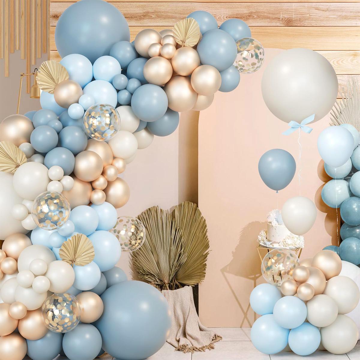 Blue Balloon Garland Arch Kit,111pcs Dusty Blue Latex Balloon,Champagne Gold Confetti Balloon Wedding Decoration,Birthday Baby Shower Decor