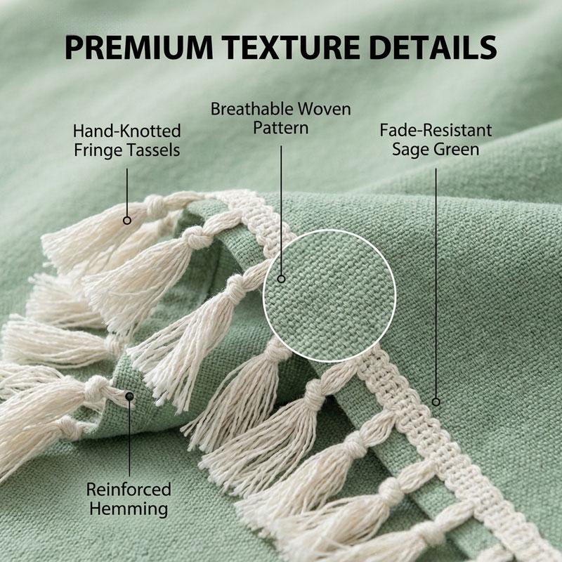 Sage Polyester Tablecloth, Thick Heavyweight Textured Fabric, Handmade Tassels, Farmhouse Rustic Style, 90x90/140x180/140x220/140x260 Cm