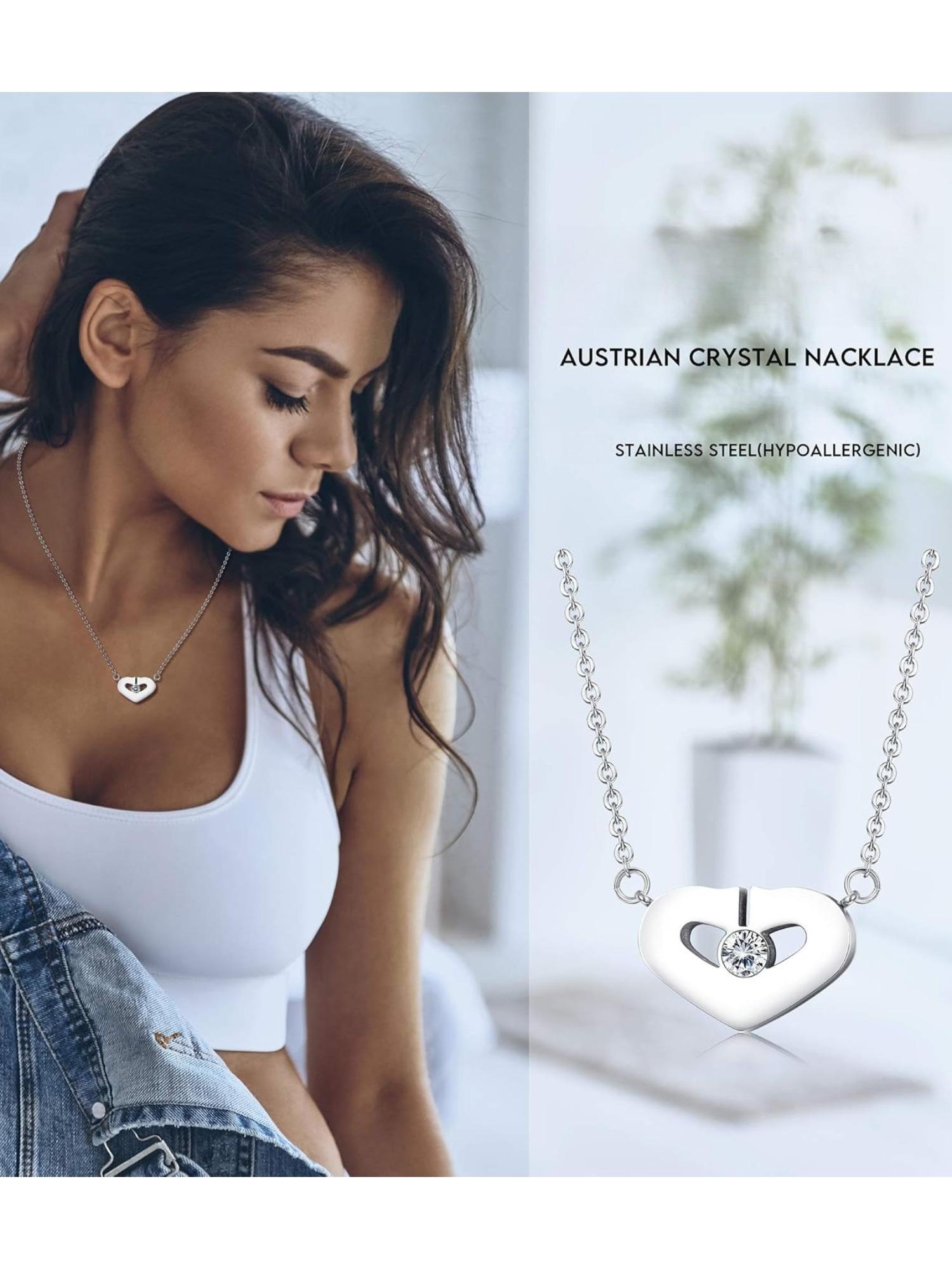 1 Pc Silvery Sweet Swarovski Crystal Heart Necklace for Women Men Trendy 316L Stainless Steel Dainty Love Pendant Necklace with Shining Swarovski Crystal Hypoallergenic Jewelry for Rave Festival Perfect Gift for Her