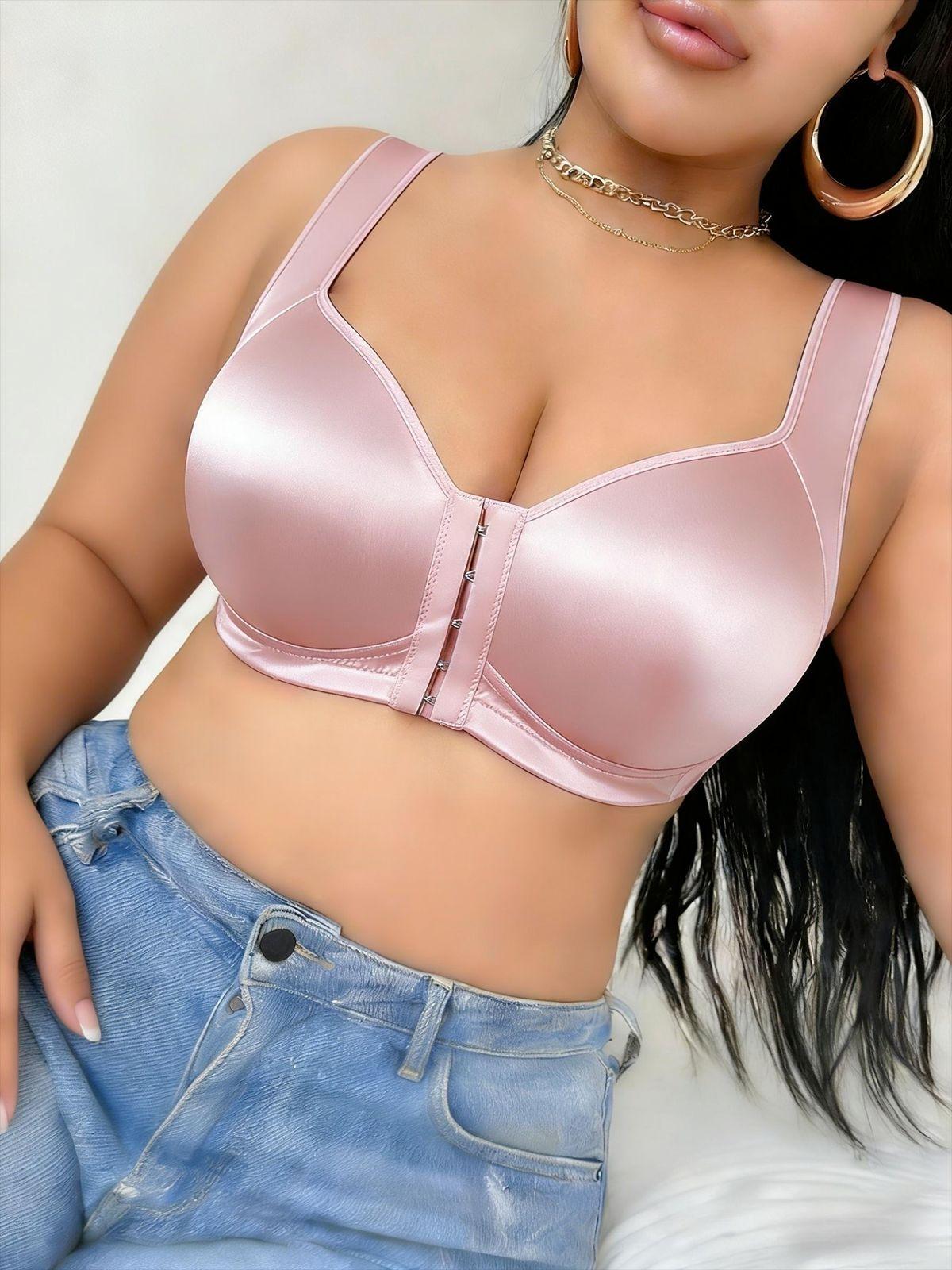 Women's Front Snap Closure Sports Bra, No Underwire Gathered Lift Anti-Sag Plus Size Bras, Smooth Fabric Comfortable Support