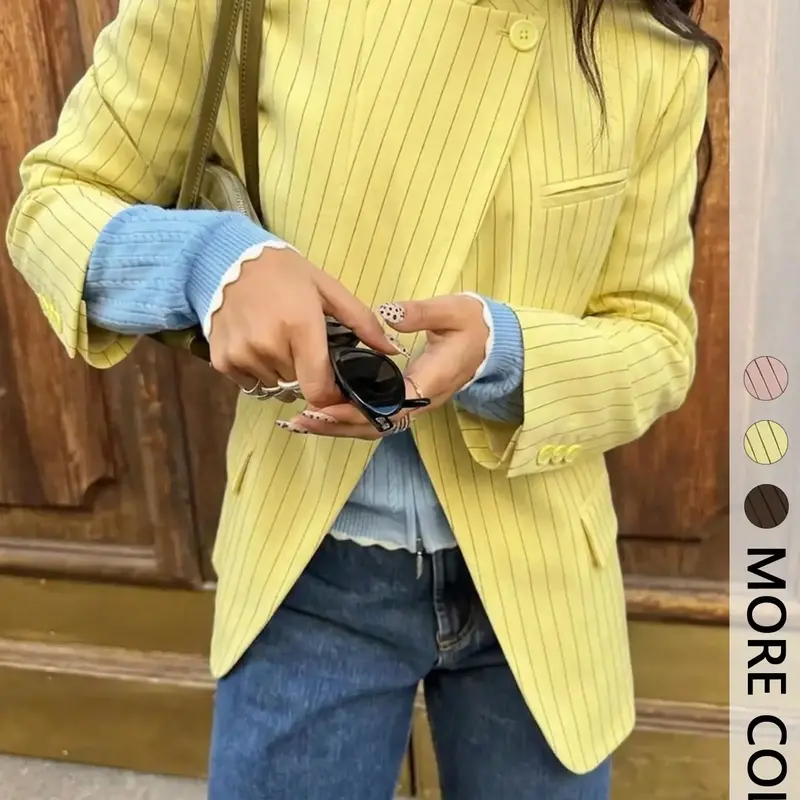 Women's Chic Elegant Office Style Vertical Pinstripe Blazer, Stand Collar Asymmetrical Single Button Long Sleeve Flap Pocket Top for Work, Date & Outings Fit