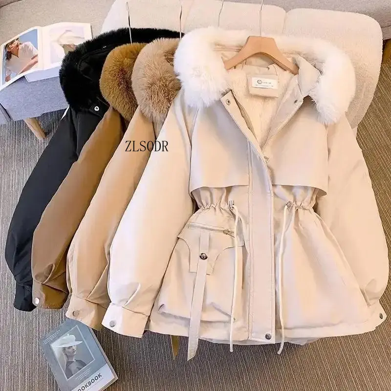 Lady's Basic Loose-Fitting Solid Black Fleece-Lined Puffer Jacket - Korean Casual Hooded Quilted Parka, Warm Long-Sleeve Winter Streetwear Outerwear, Sports & Outdoor Tops