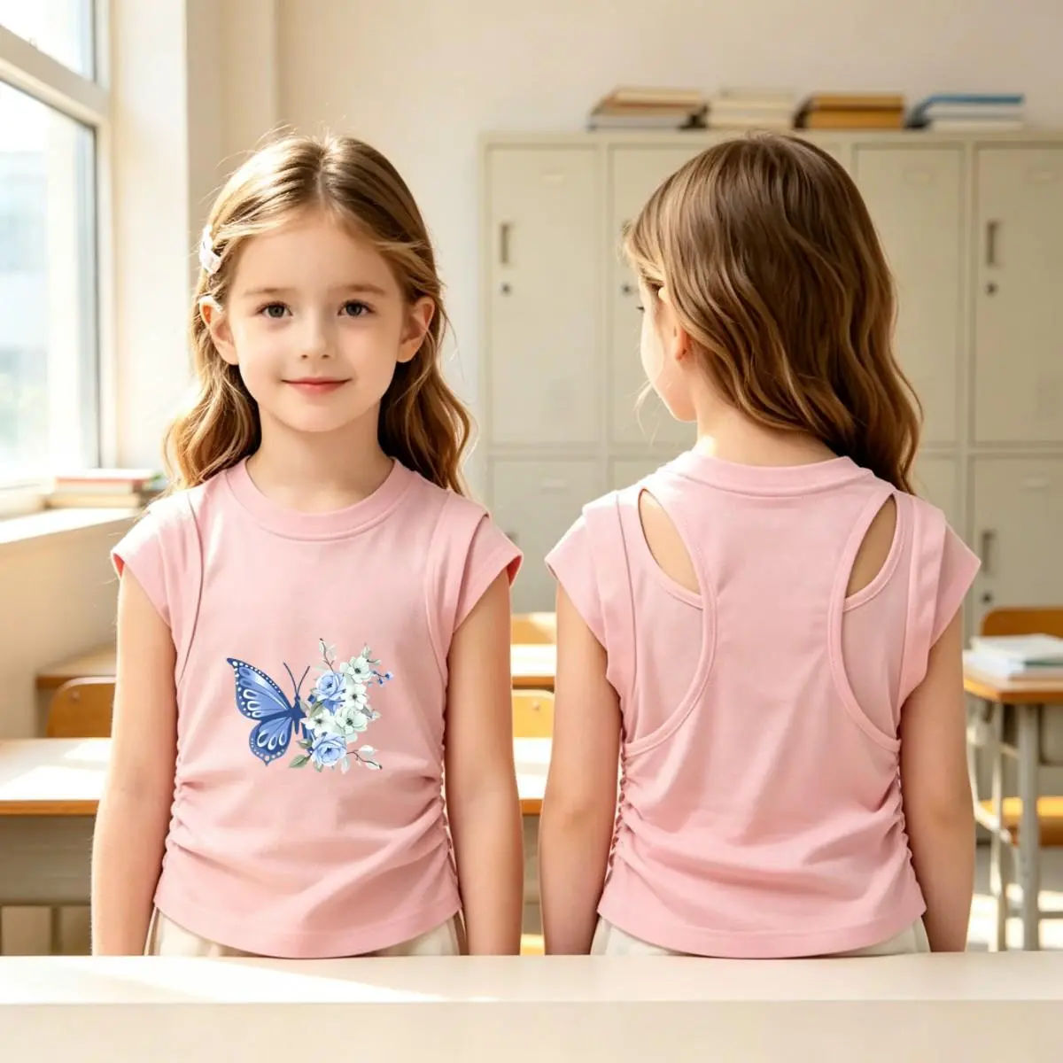 Girls Cotton Butterfly Floral Print Racerback Tank Top