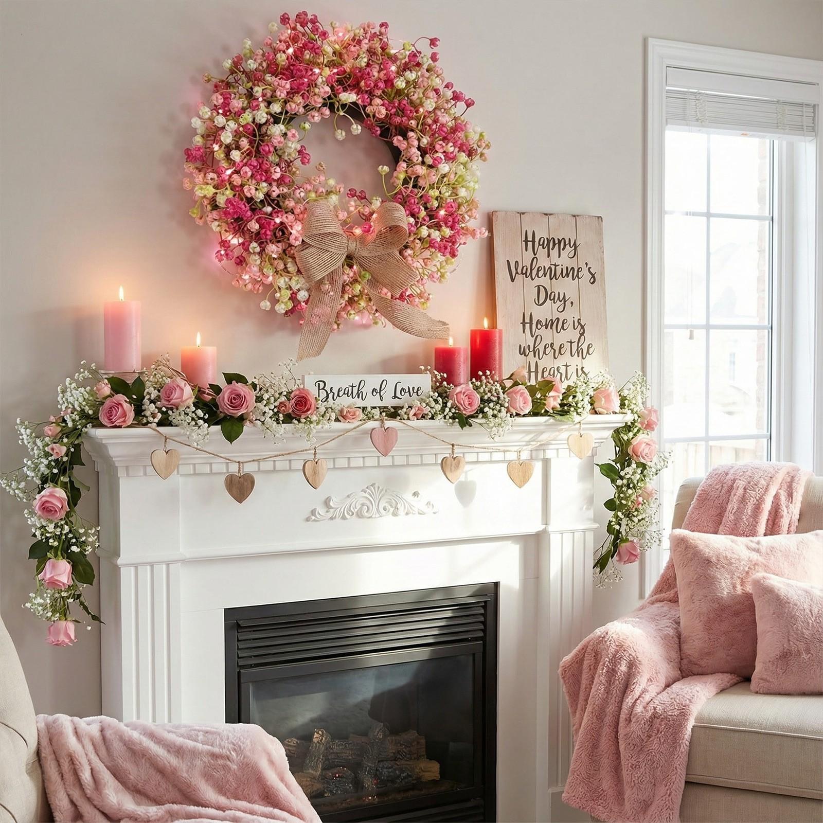 1PC Spring Pink & White Berry Wreath with Burlap Bow, 30cm Artificial Floral Door Wreath for Home Wall Decor, Mother's Day & Easter Photo Props