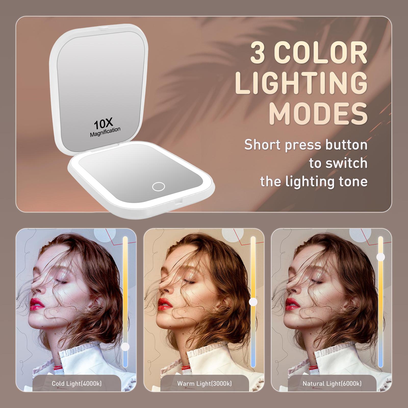 LED Compact Makeup Mirror with 10X/1X Magnification – 3-Color Light Travel Portable Mirror for Pocket & Purse – Rechargeable Dimmable Dual-Sided Vanity Mirror – Birthday & Christmas Gift for Women