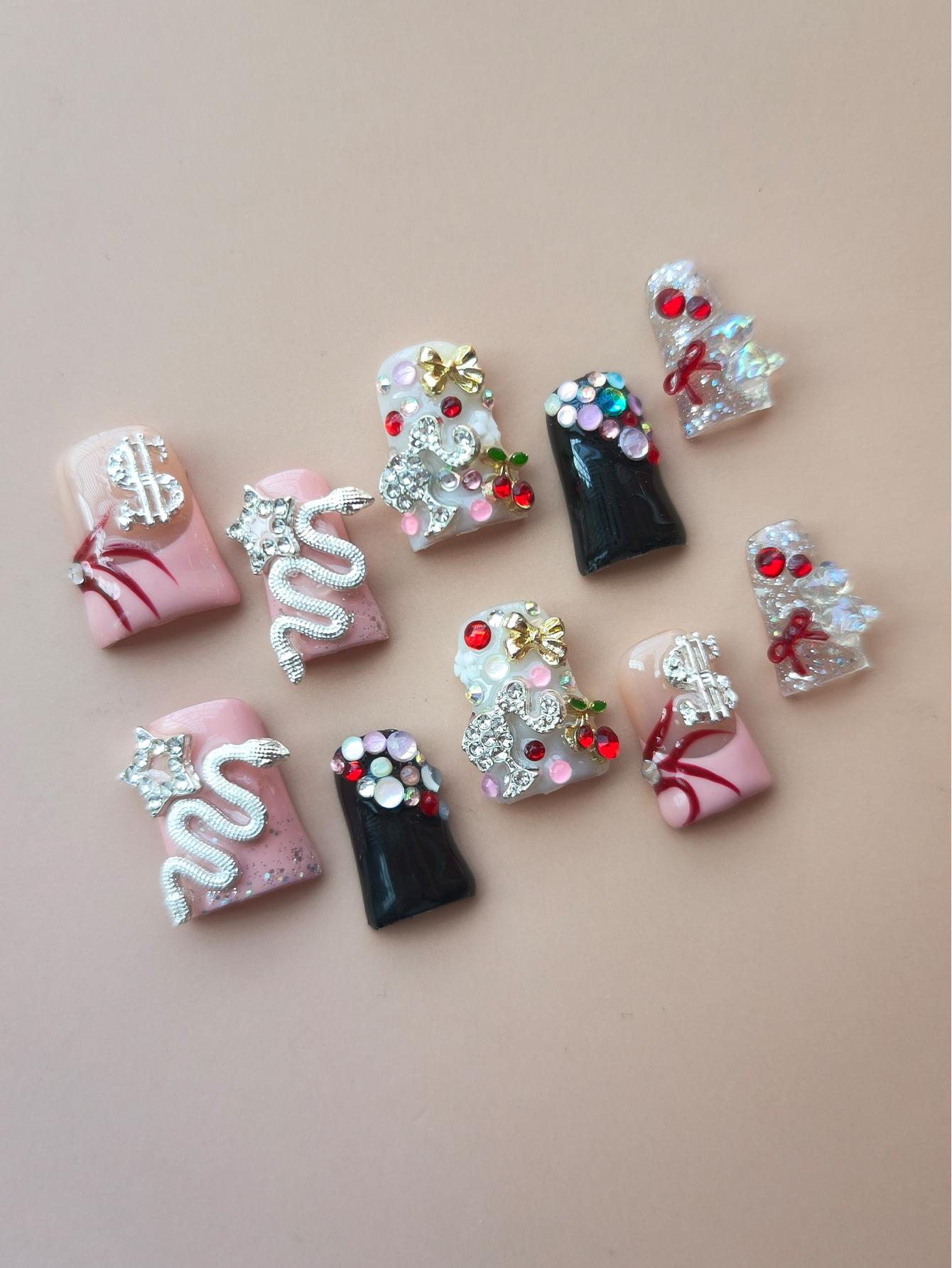 Y2K Style Punk Handmade Nails, Medium Length, Glossy Finish, Snake and Coin Patterns, Party and Daily Wear, Perfect Gift