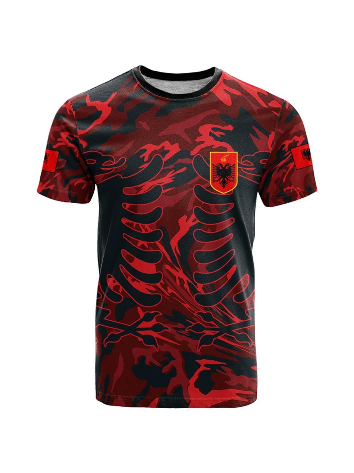Jersey Island Football Albania 2024 Football Team T-shirt 3D Albanian Flag Pattern T-shirt Men's Albania Logo T-shirt