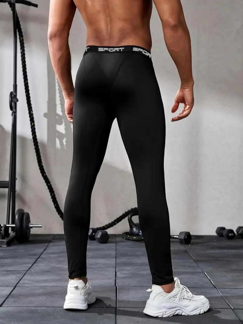 Men's Sports Compression Leggings with Letter Print, Breathable Moisture-wicking Fabric, Tight-fitting Stretchy Activewear for Basketball, Gym, Cycling and Running