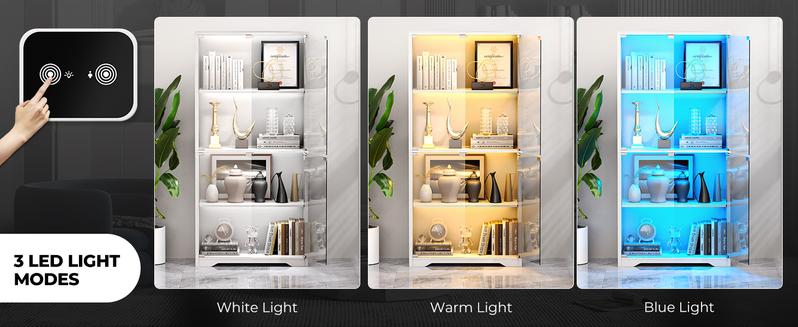 MIIFUNY Display Cabinet with Glass Doors, Storage Cabinet with 3 Color Light, 4-Tier Curio Cabinet Bookcase for Collectibles, Toys, Books, for Playroom, Bedroom, Study Room, White
