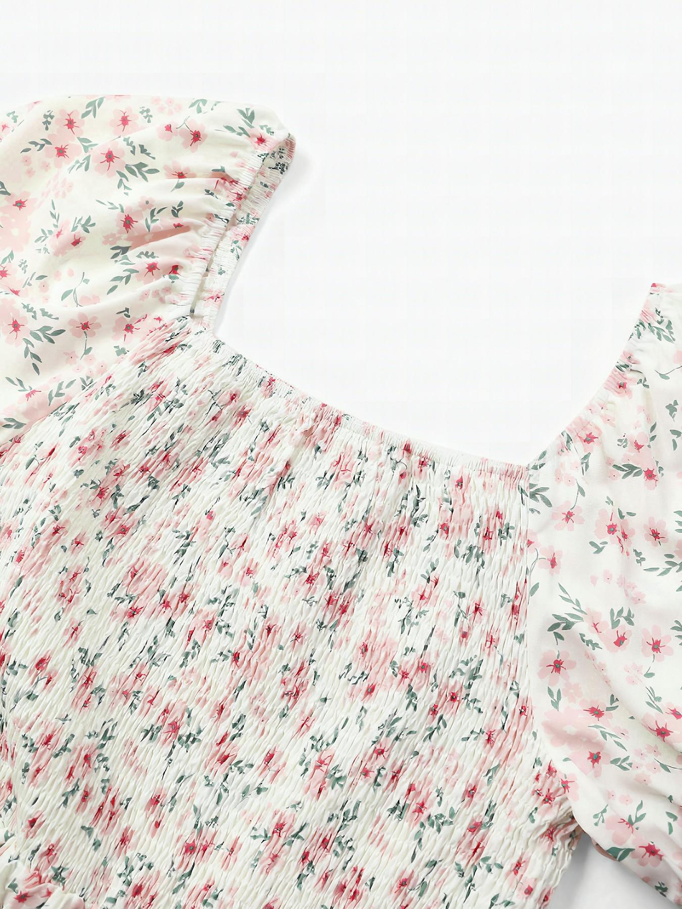 Women's Airy Elegant Chic Aesthetic Boho Style Allover Floral Print Scoop Neck Short Sleeve Pleated Maxi Dress for Summer