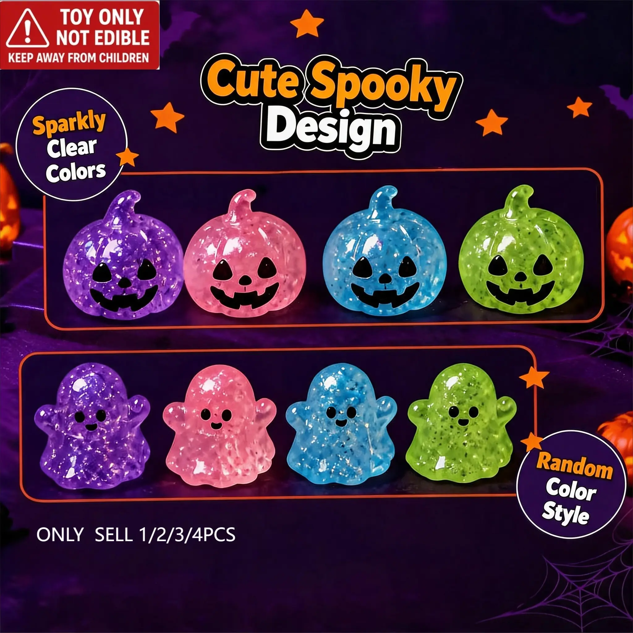 4-Pack / 3-Pack / 2-Pack/1-Pack Halloween-Themed Squishy Toys, Soft TPR Squishies, bat, pumpkin and ghost squeeze fidgets for kid's sensory-play. Ideal classroom rewards, back-to-school handouts, office stress relievers, party favours