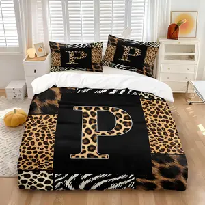 Minimalist Black & Animal Print Monogram R Duvet Cover Set, 1 Duvet Cover + 1/2 Pillowcases, No Filler, Sleek Leopard Patchwork Bedding with Zebra Details, Modern All-Season Decor for Masculine & Neutral Bedrooms