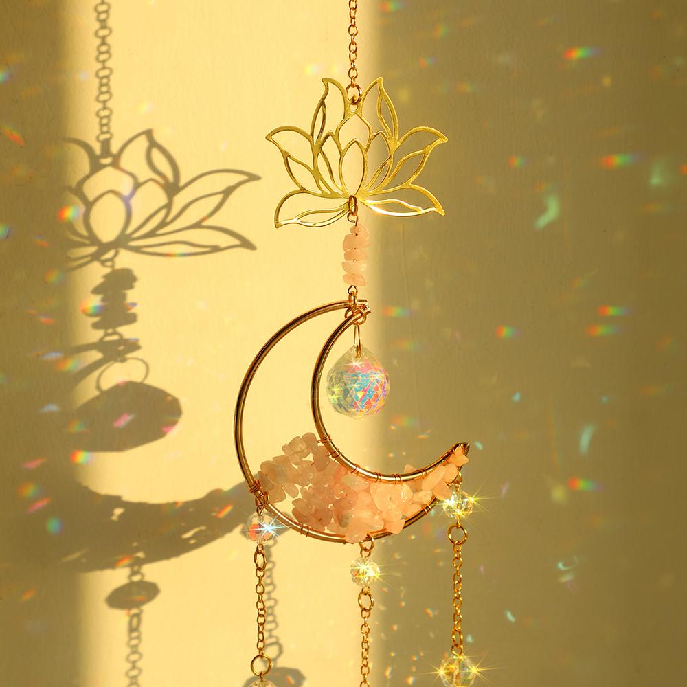 Moon and Lotus Prism Suncatcher Natural Stone Dreamcatcher Hanging Crystal Sun Catcher Rainbow Maker Garden Window Decoration