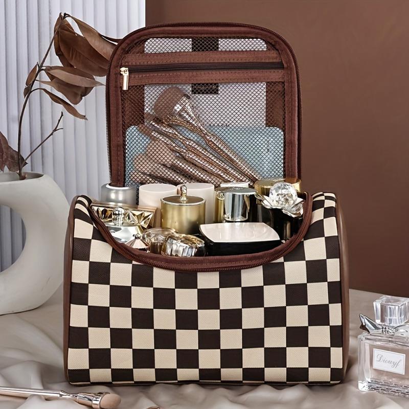 Checkerboard Pattern Makeup Bag, 1 Count Large Capacity, Portable Makeup Brush Organizer, Cosmetic Storage Bag for Home & Travel, Travel Cosmetic Bags