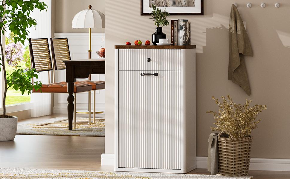 【Does Not Include Trash Can】AHB 13 Gallons Tilt Out Trash Can Cabinet Hidden Kitchen Waste Bins Freestanding Modern Recycling Trash Cabinets with Drawers Pet Proof Trash Can for Kitchen