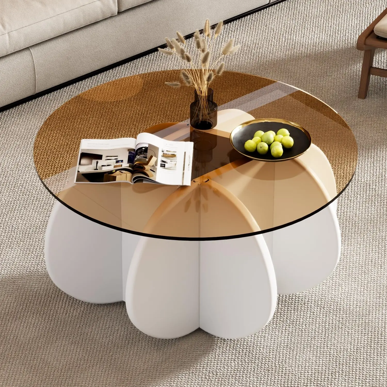 31.5'' Round Coffee Table with Tempered Glass Top, Modern Center Table for Small Spaces - Sturdy Walnut Board Frame, Simple Design for Living Room, Home, Office - Easy Assembly