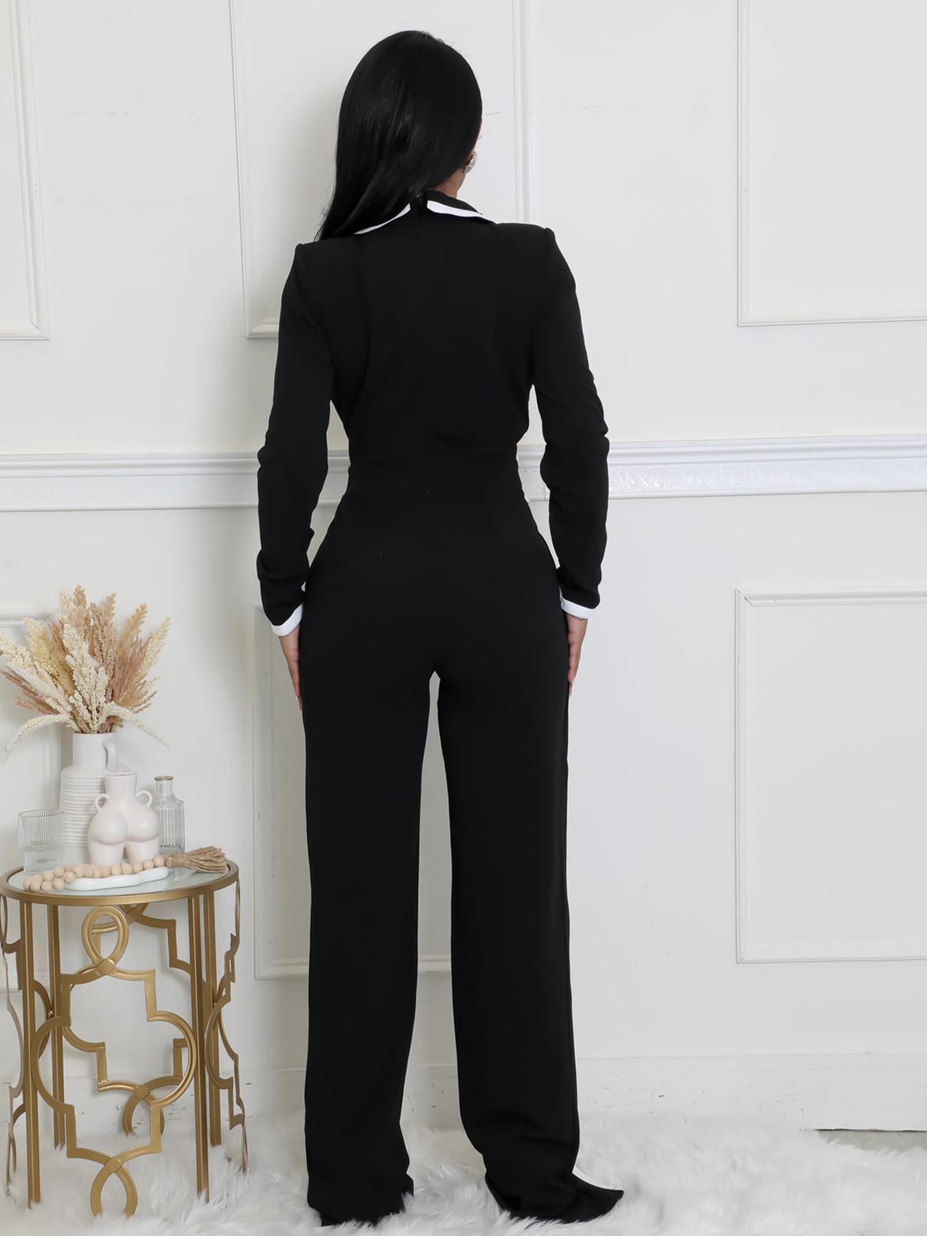 Elegant Women's Long Sleeve Jumpsuit, Belted Waist Design, Colorblock Patchwork, Fall & Winter Fashion, Office Wear, Womenswear