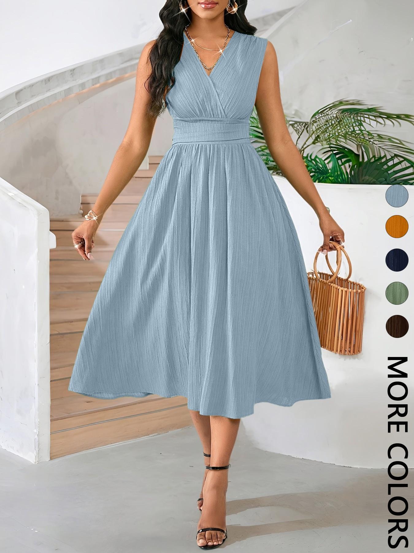 Women's Comfortable Minimalist Sleeveless Textured Ruched Dress for Office Wear & Summer Events