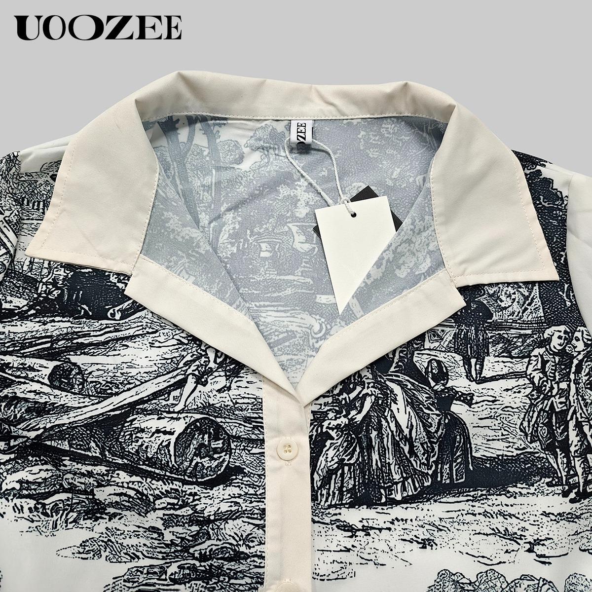 Women's Cotton Collared Long Sleeves Loose Printed Lapel Mini Dresses Shirt Dress Summer Casual Hand Wash Only