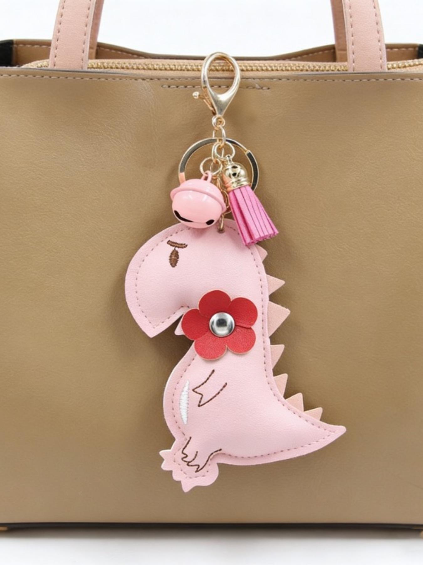 Dinosaur Keychain, Beautiful Colors and Flower Design, Elegant PU Leather, Cute Bag Keychain, Ideal Gift for Women, Handmade Assembly