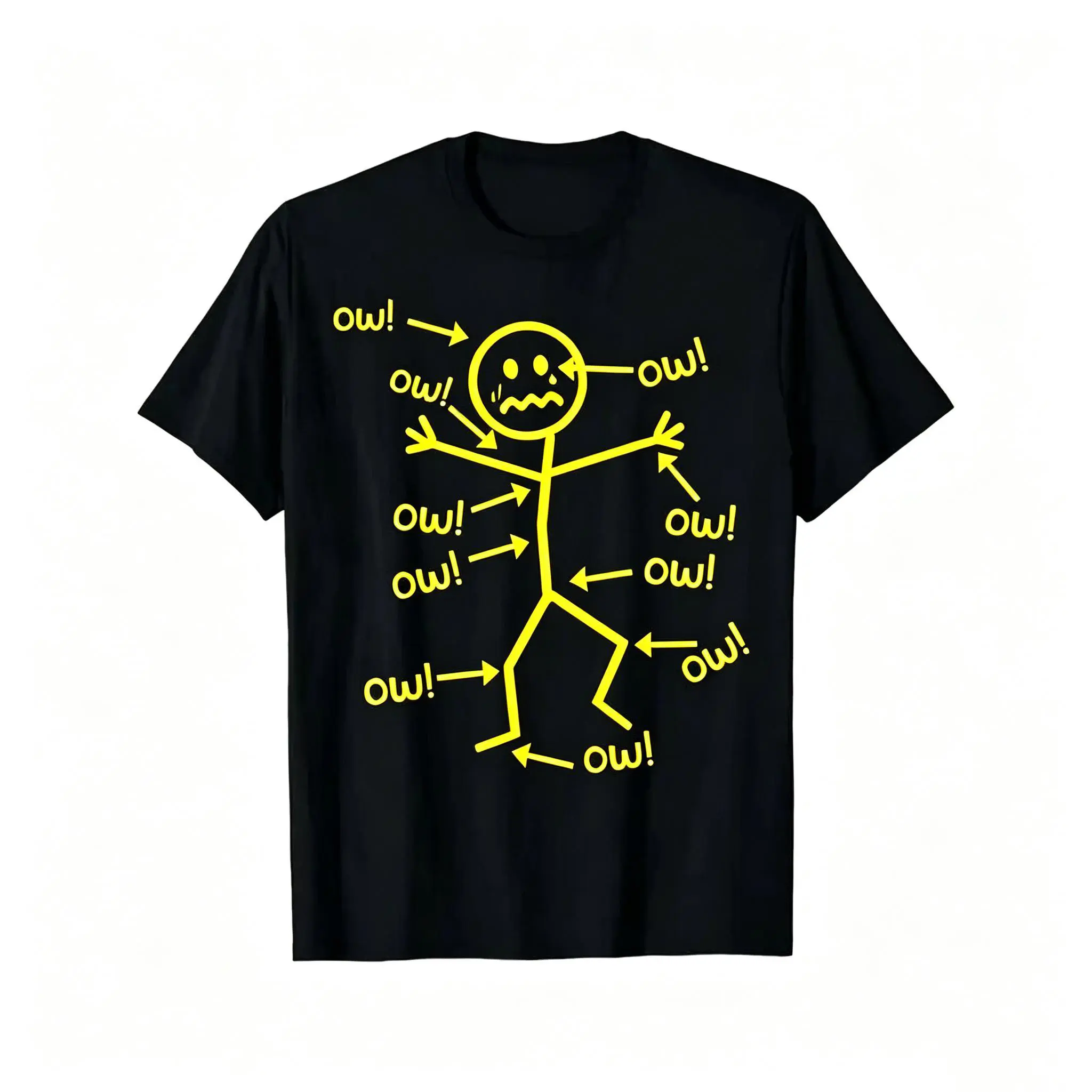 Men's & Women's Funny Ow Stick Figure Chronic Pain Awareness Cotton T-Shirt - Humor Graphic, Round Neck, Short Sleeve Casual Summer Sports Top