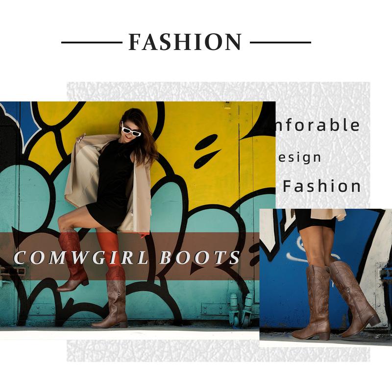 IUV Women's Western Cowboy Boots Pointy Toe Cowgirl Boots Mid Calf PU Leather Rubber Sole Classic Embroidery Design Comfortable Padded Lining