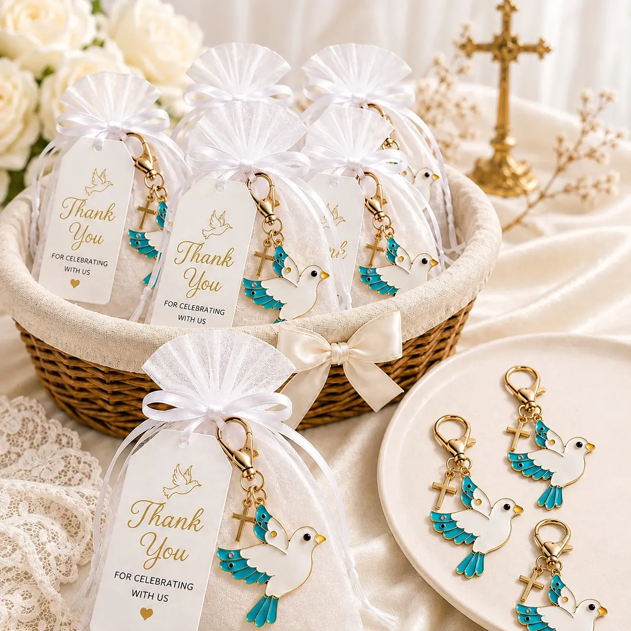 30 Pcs/10 Sets Baby Shower Favors for Guests, White Dove and Cross Keychains with White Organza Gift Bags and Thank You Cards, Baptism and Christening Favors, First Communion, Confirmation, Birthday, Church Party and Religious Celebration Keepsakes
