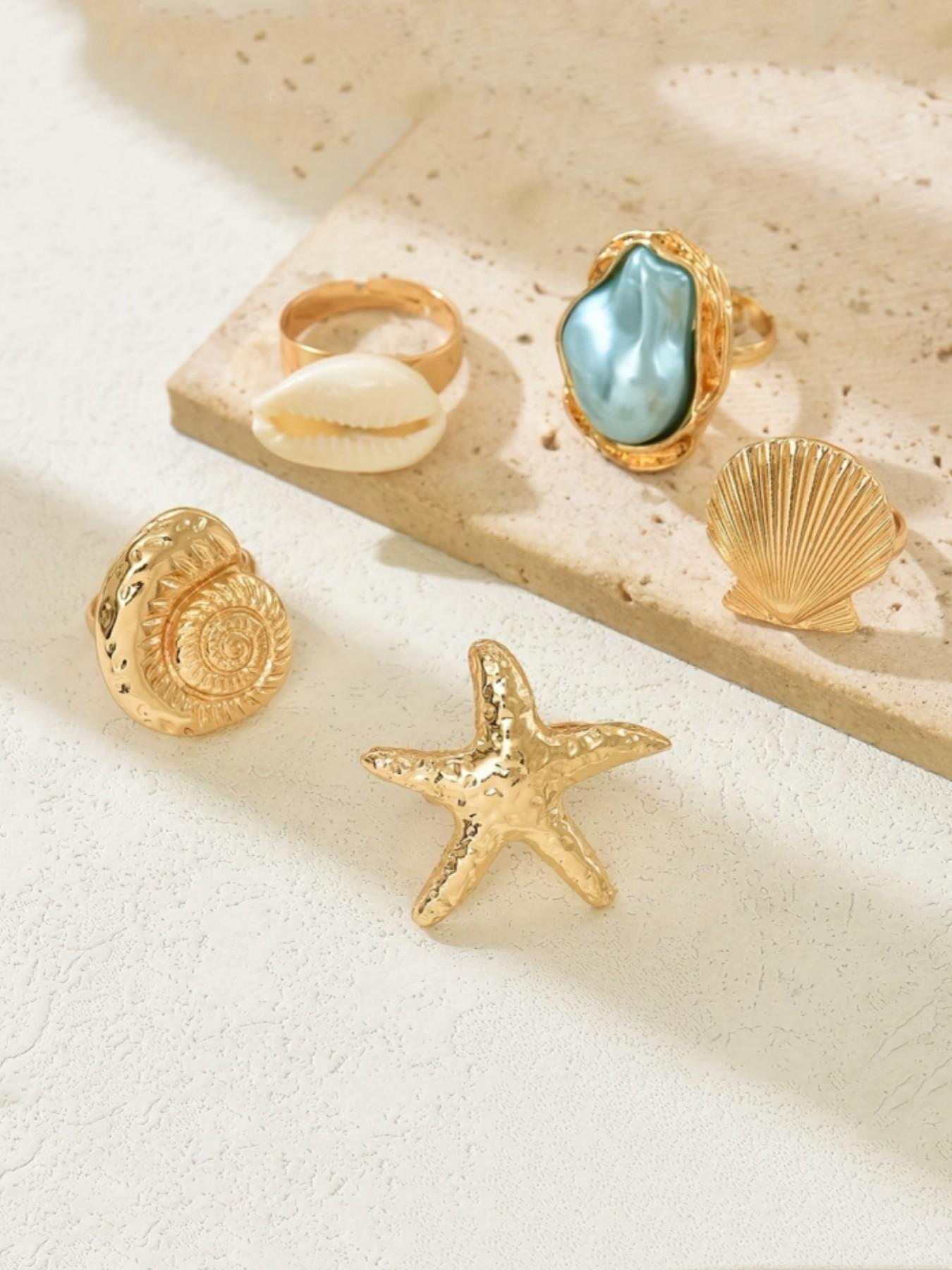 5pcs French-Style Baroque-Inspired Rings, Vintage Starfish Conch Seashell Designs, Elegant Accessories for Women, Daily Wear or Vacations