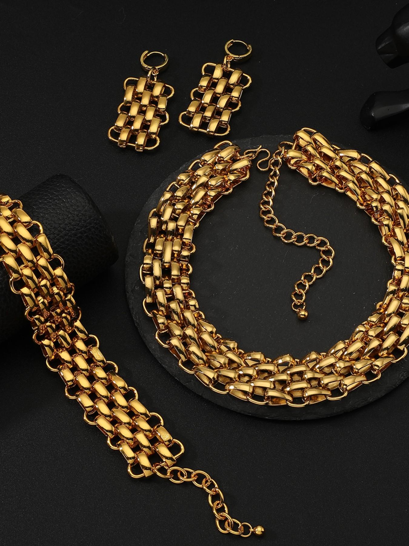 Cuban Chain Necklace Set, Earrings, Bracelet for Women, Elegant Jewelry for Parties, Weddings, Dubai Nigerian Bride Accessories