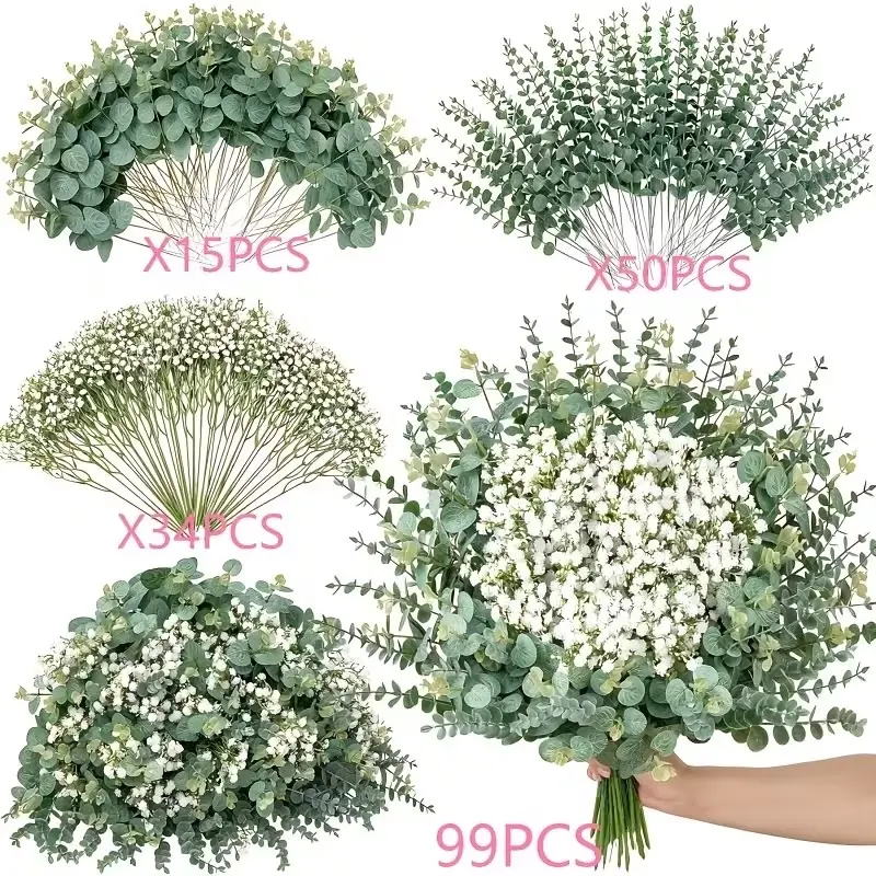 99 Mixed Artificial Eucalyptus Leaves and Star Flowers Bouquet, Branches, Valentine's Day Arrangement, Indoor Outdoor Decor, Table Centerpiece