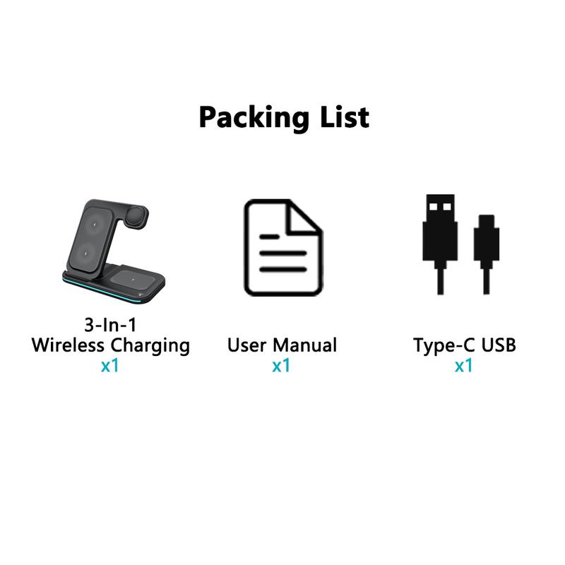 Folding 3-in-1 Wireless Charging Station 15W Fast Charger for IPhone 16-11, IWatch Ultra10-2/SE, AirPods 4-2/Pro, and Qi-compatible phones