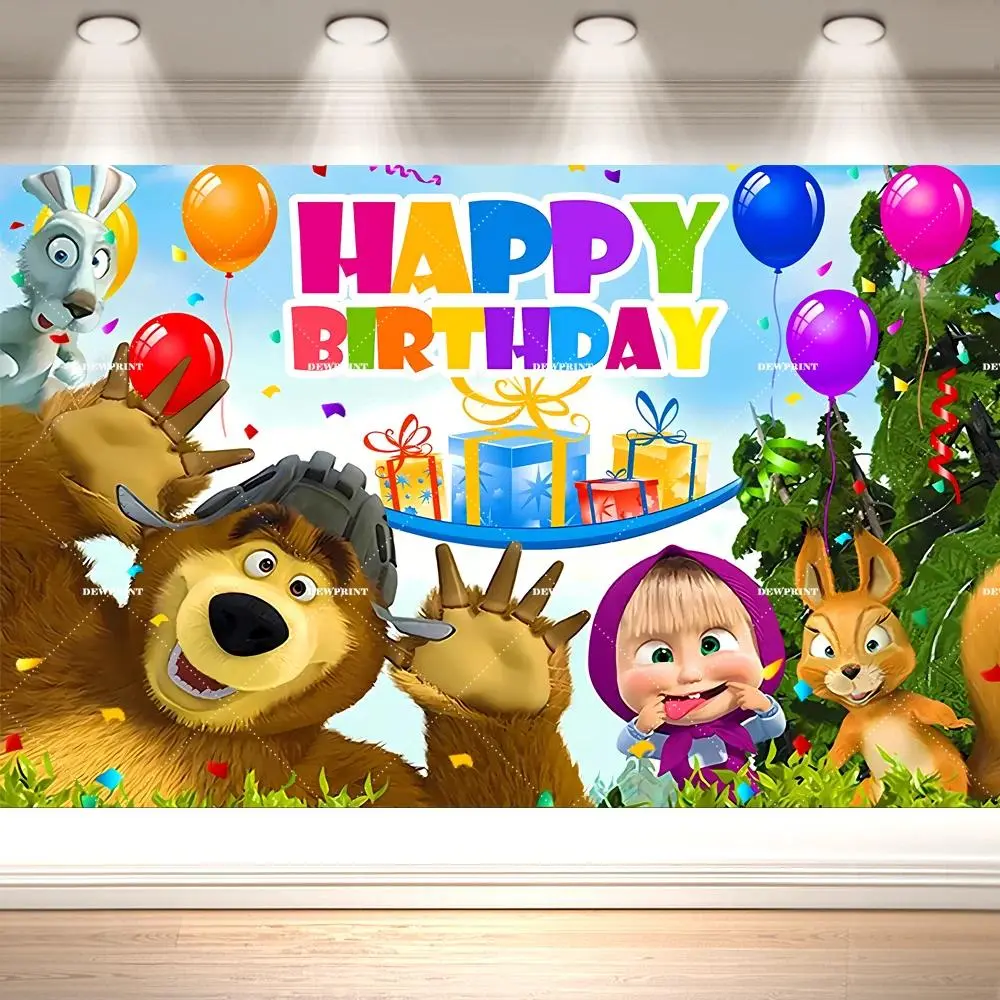 Cartoon Masha & Bear Forest Scenery Russian Birthday Backdrop Children Birthday Party Decoration Photo Booth Background Banner